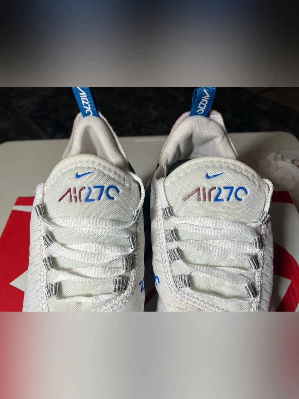 Nike Air Max 270 White with Blue, Pink & Navy Accents 7.5W - 6Y